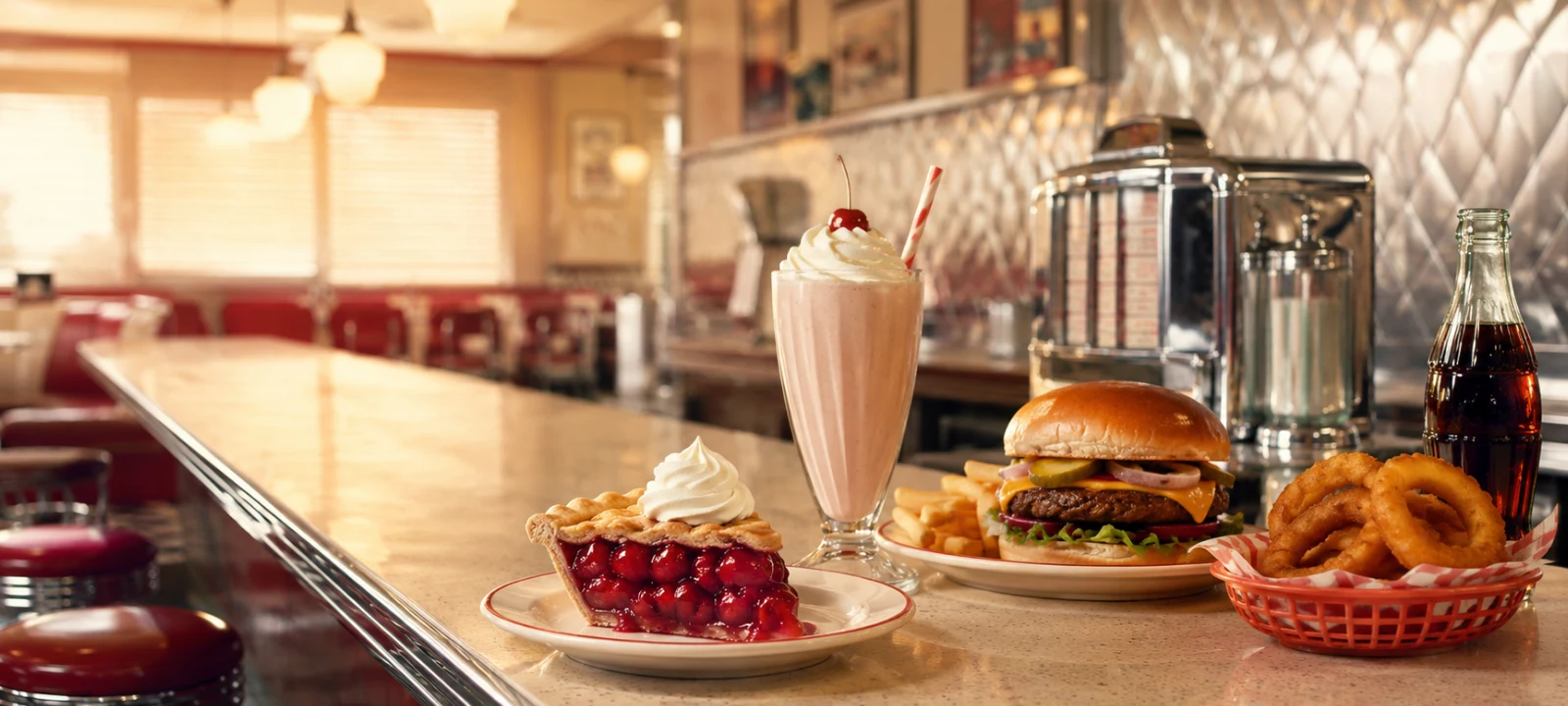 Classic snacks, candies, diner food, and nostalgic treats arranged on a tabletop for food trivia