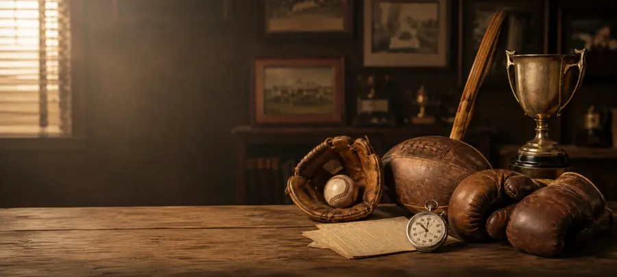 Vintage sports equipment and memorabilia arranged for sports history trivia