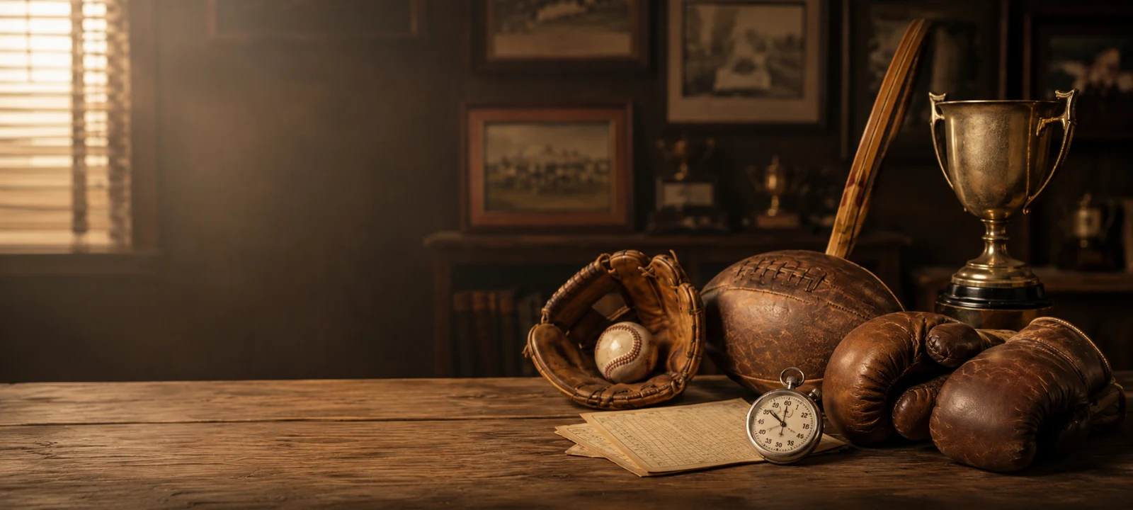 Vintage sports equipment and memorabilia arranged for sports history trivia