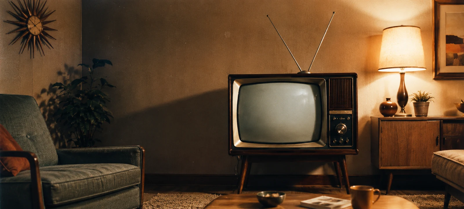Vintage television set in a 1960s-style living room for classic TV trivia