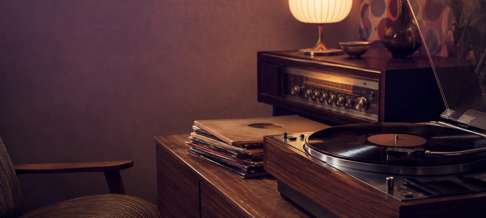 Vintage record player with vinyl records for classic music trivia