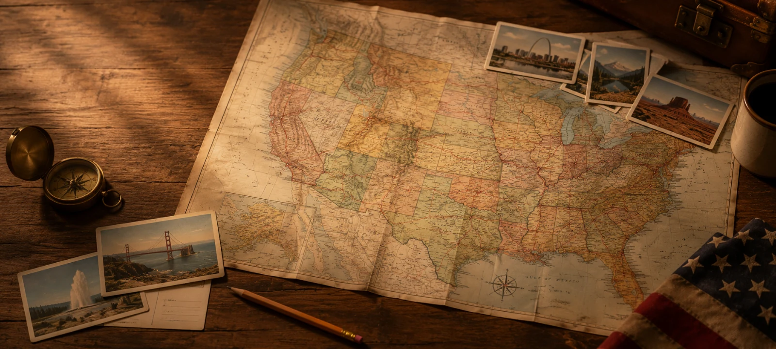 Vintage-style travel map of the United States with postcards and landmarks for U.S. geography trivia